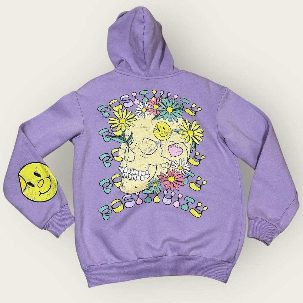 Chemistry Positivity Skull Graphic Hoodie S Purple Floral Smiley Face Streetwear
